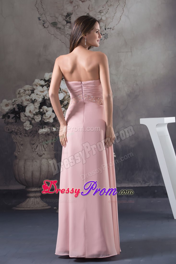 Sweetheart Pink Floor-length Column Prom Dress with Ruche and Beading