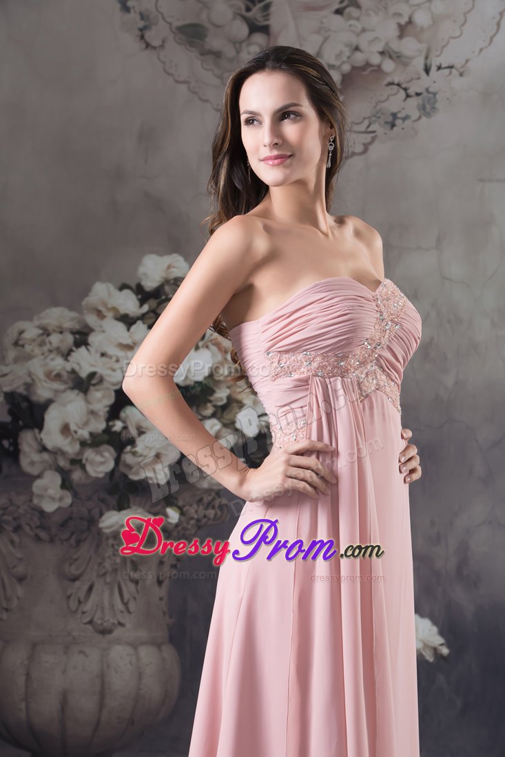 Sweetheart Pink Floor-length Column Prom Dress with Ruche and Beading