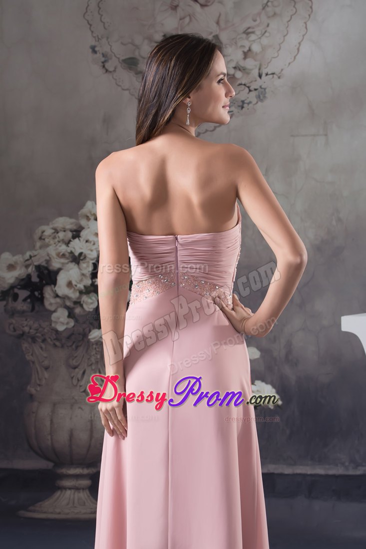 Sweetheart Pink Floor-length Column Prom Dress with Ruche and Beading