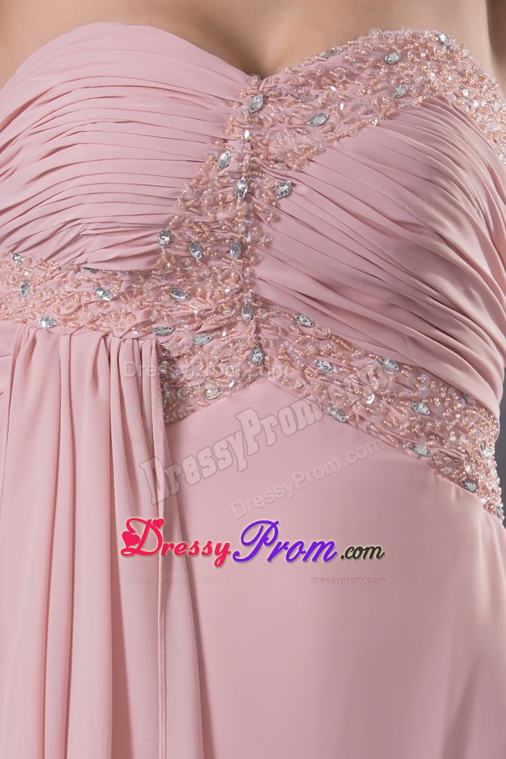 Sweetheart Pink Floor-length Column Prom Dress with Ruche and Beading