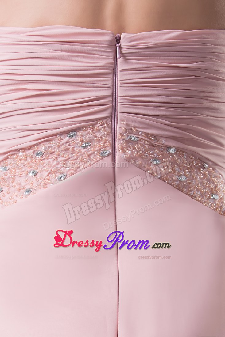 Sweetheart Pink Floor-length Column Prom Dress with Ruche and Beading