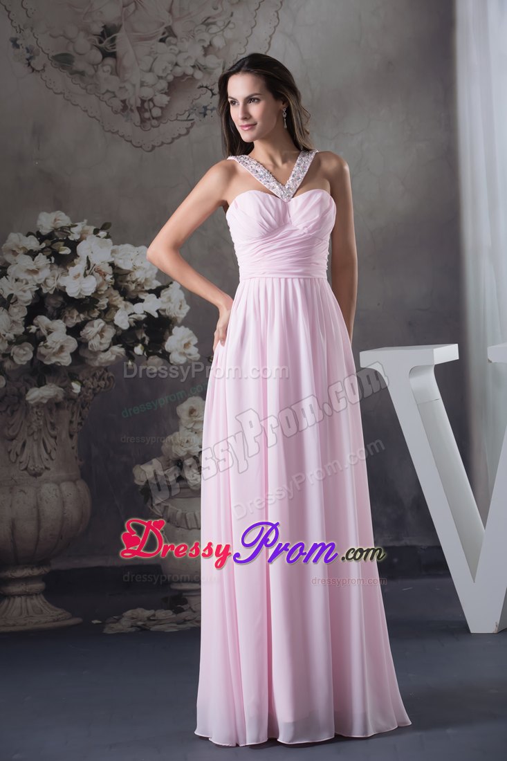 Beading V-neck Pink Floor-length Ruching Prom Dress in Toowoomba