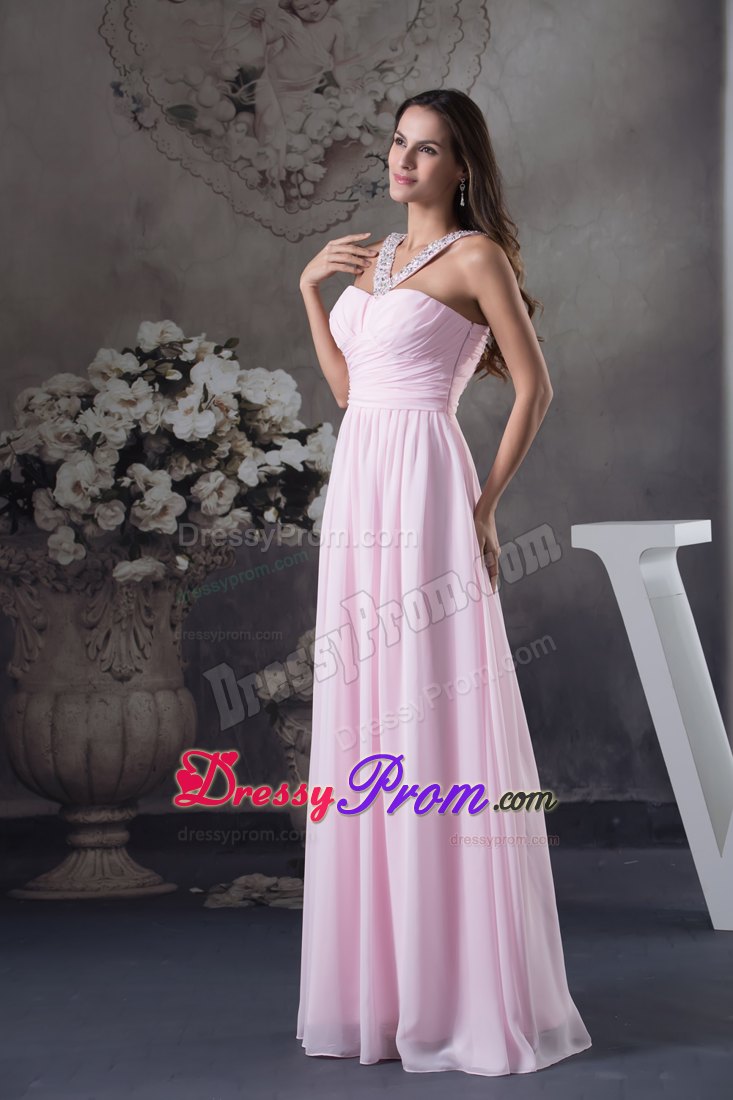 Beading V-neck Pink Floor-length Ruching Prom Dress in Toowoomba