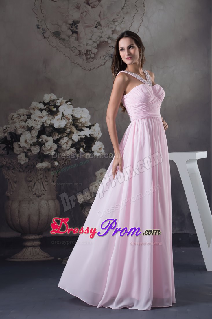 Beading V-neck Pink Floor-length Ruching Prom Dress in Toowoomba