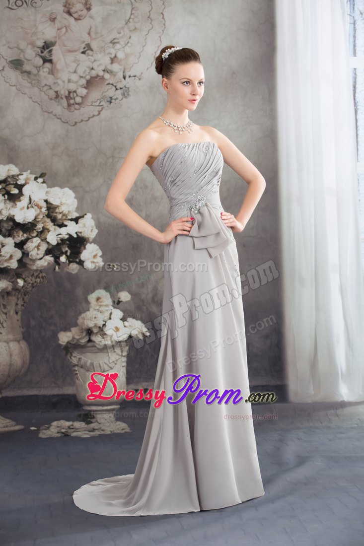 Spring Grey Chiffon Beaded Strapless Empire Prom Dress With Brush