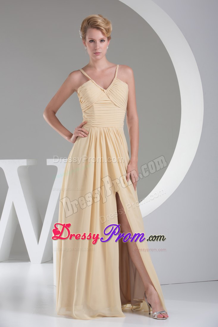 Champagne V-neck Ruched Slitted Prom formal Dress Wholesale