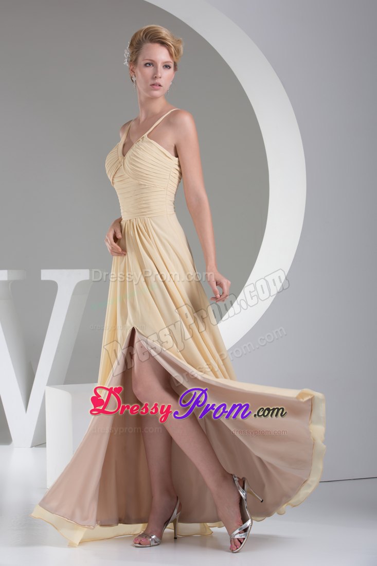 Champagne V-neck Ruched Slitted Prom formal Dress Wholesale