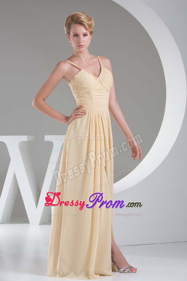 Champagne V-neck Ruched Slitted Prom formal Dress Wholesale