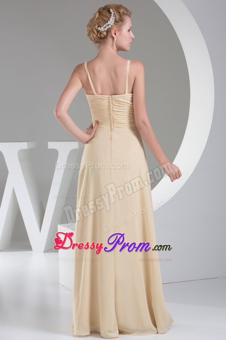 Champagne V-neck Ruched Slitted Prom formal Dress Wholesale