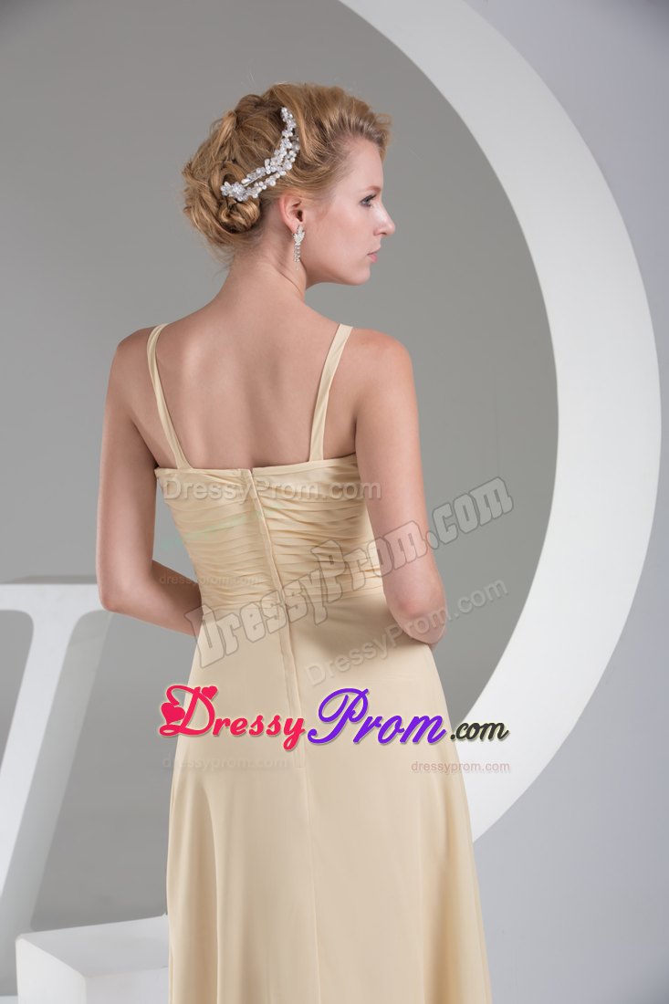 Champagne V-neck Ruched Slitted Prom formal Dress Wholesale