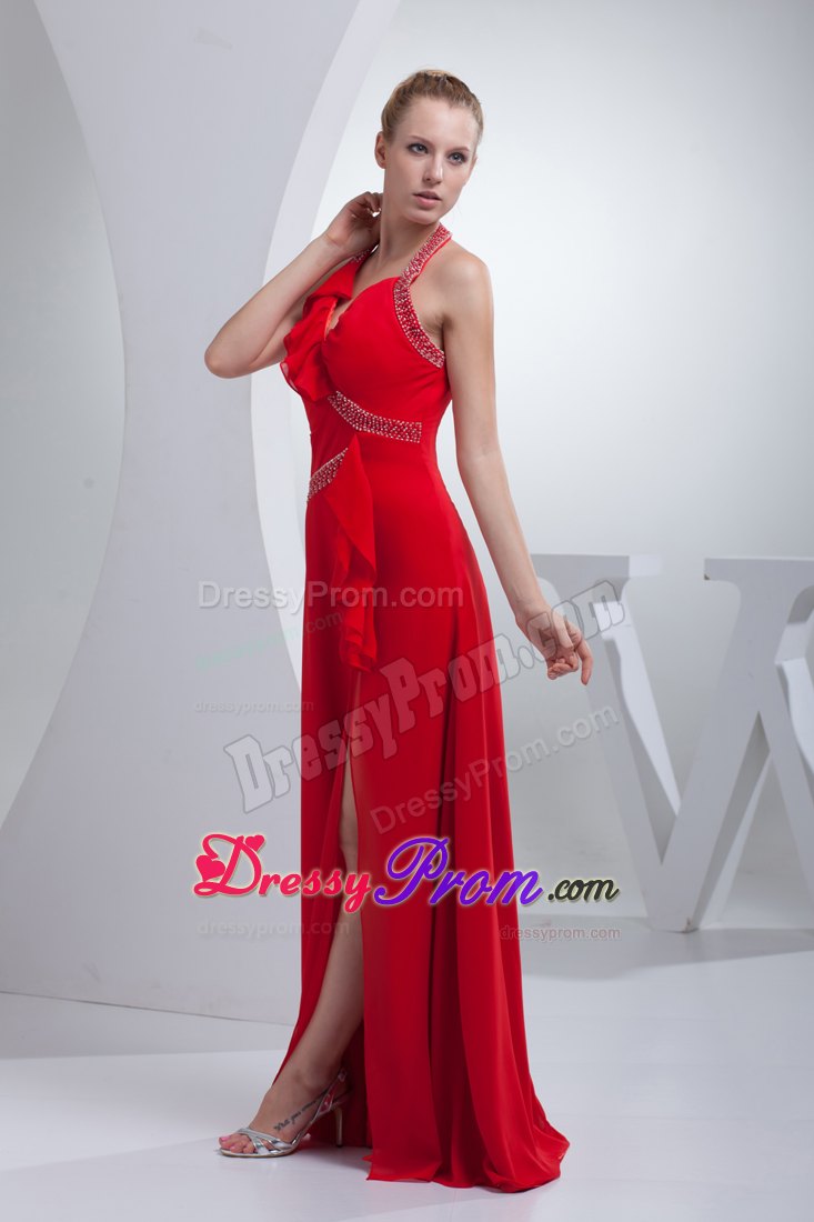 Brand New Halter top Beaded Slitted Red Prom Dress for Women