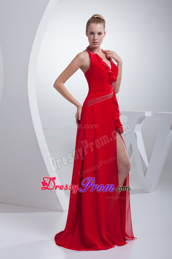 Brand New Halter top Beaded Slitted Red Prom Dress for Women