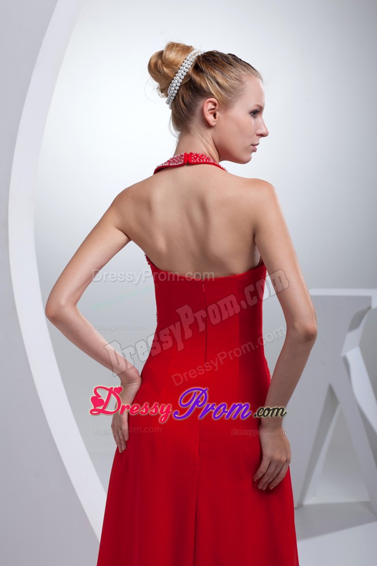 Brand New Halter top Beaded Slitted Red Prom Dress for Women