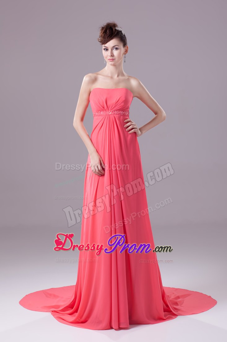 Recommended Watermelon Strapless Watteau Train Prom Dress