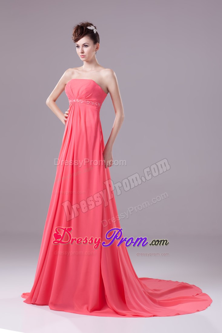 Recommended Watermelon Strapless Watteau Train Prom Dress