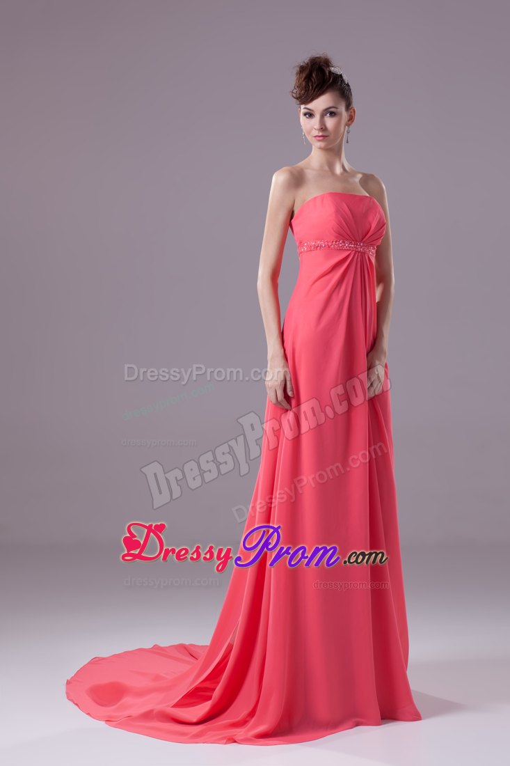 Recommended Watermelon Strapless Watteau Train Prom Dress