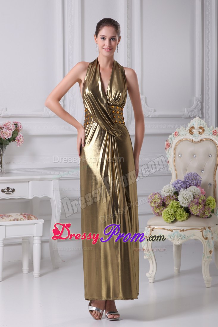 Gold Halter Top Empire Beading Ankle-length Prom Dress in Backless