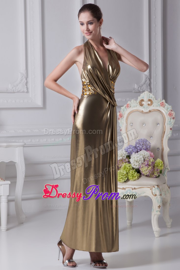 Gold Halter Top Empire Beading Ankle-length Prom Dress in Backless