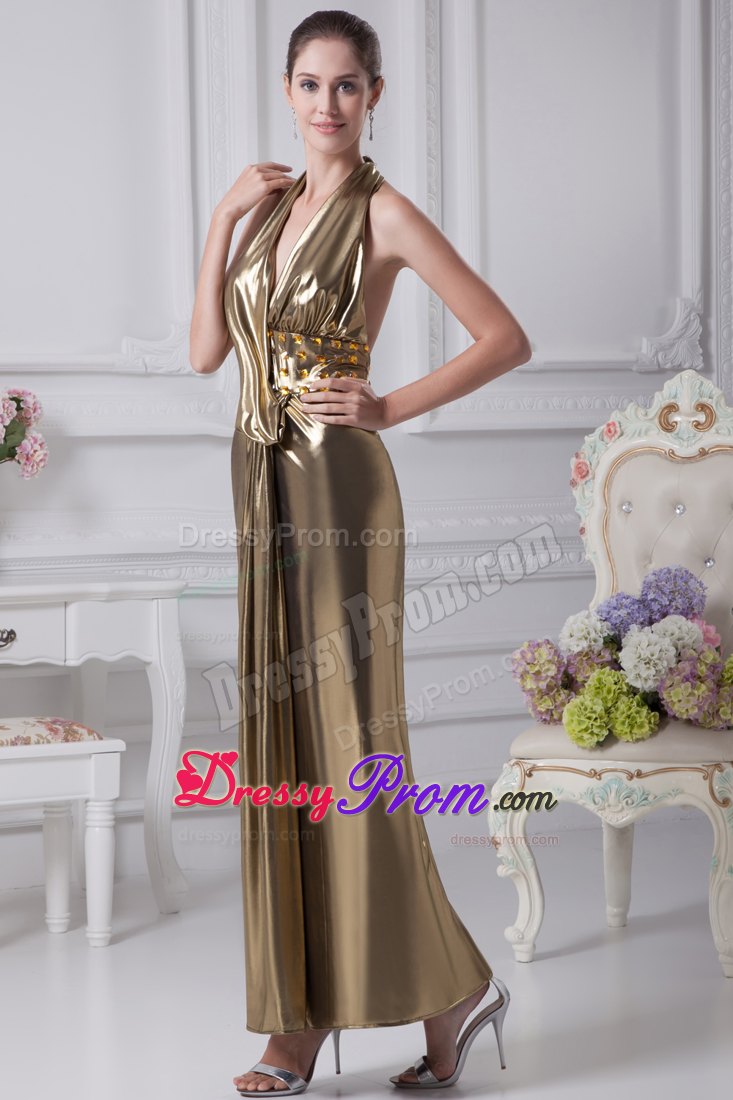 Gold Halter Top Empire Beading Ankle-length Prom Dress in Backless