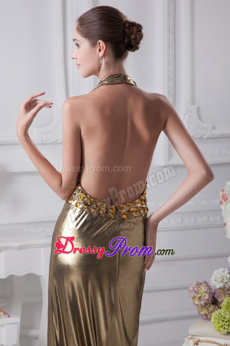 Gold Halter Top Empire Beading Ankle-length Prom Dress in Backless