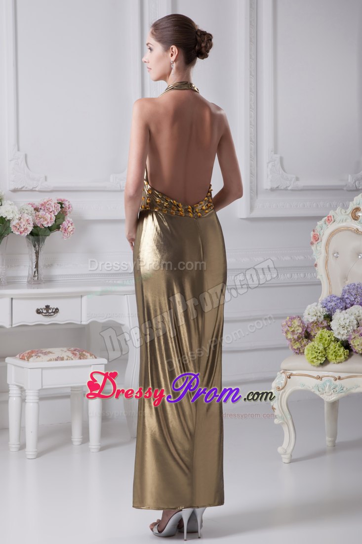 Gold Halter Top Empire Beading Ankle-length Prom Dress in Backless