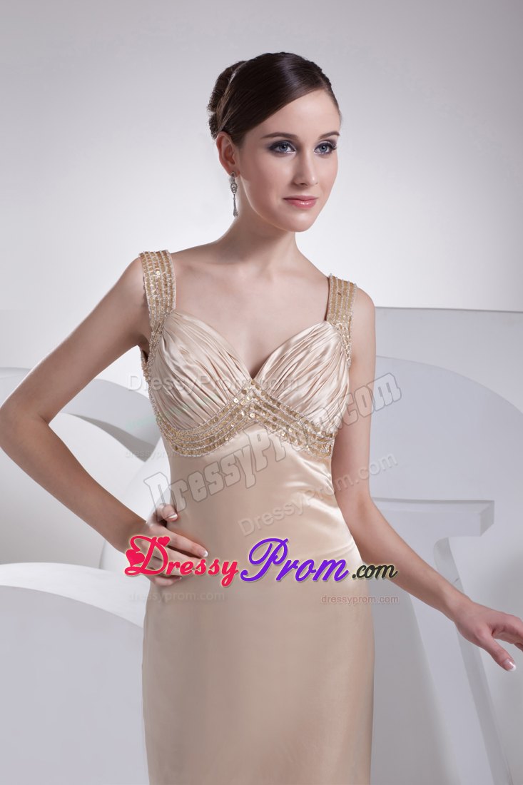 Champagne Beading and Ruche Straps Column Prom Dress with Brush Train