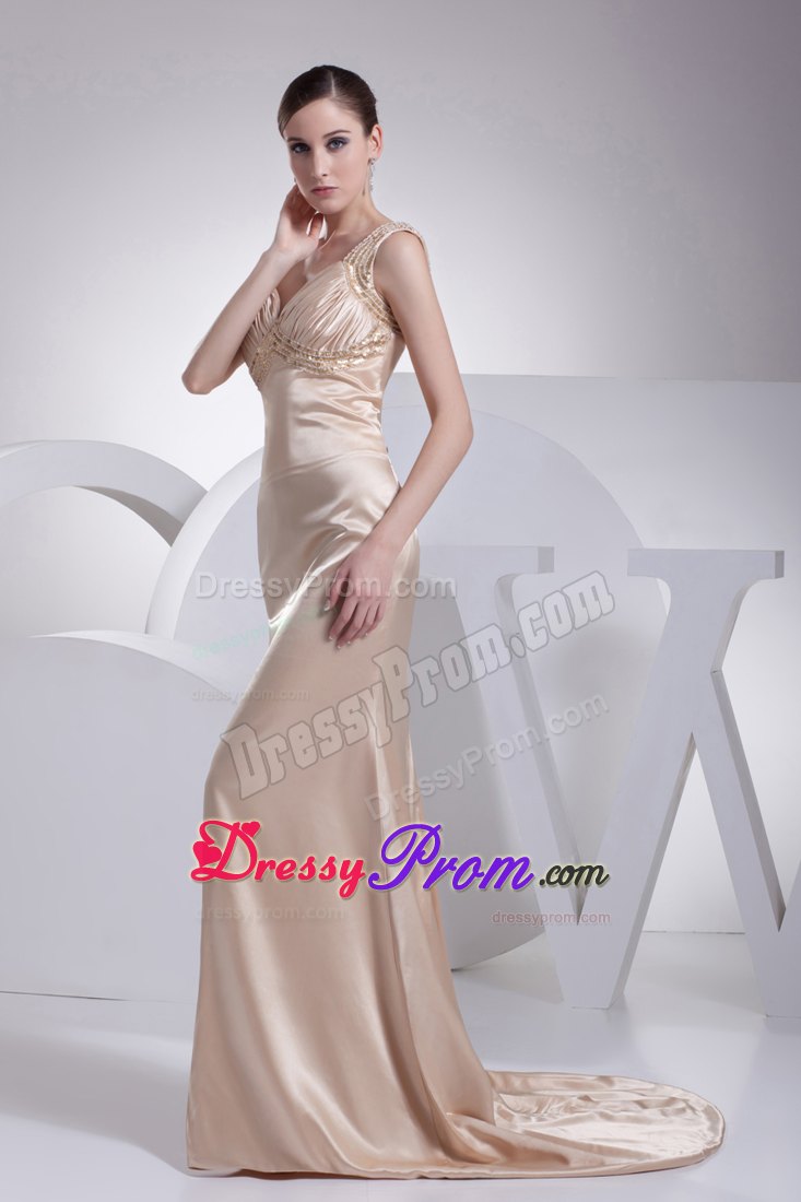 Champagne Beading and Ruche Straps Column Prom Dress with Brush Train