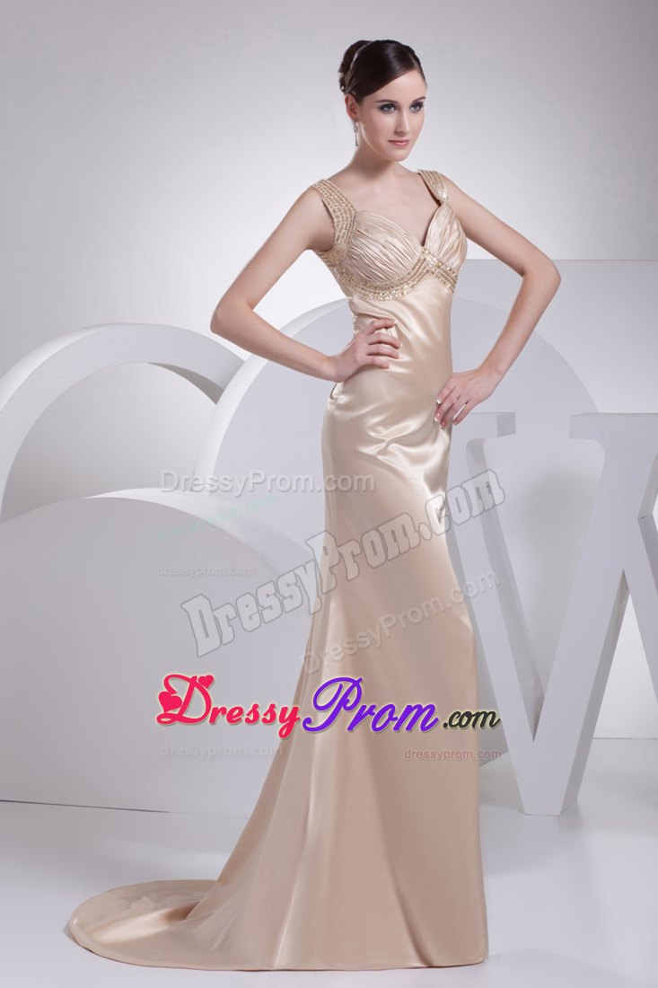 Champagne Beading and Ruche Straps Column Prom Dress with Brush Train