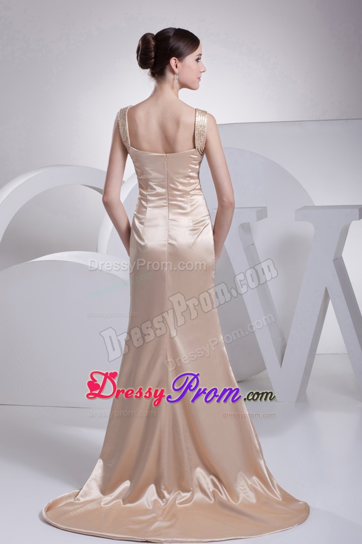 Champagne Beading and Ruche Straps Column Prom Dress with Brush Train