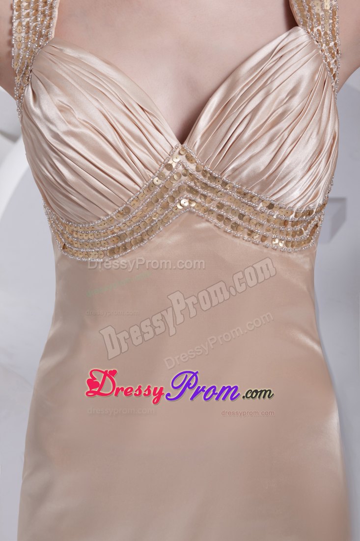 Champagne Beading and Ruche Straps Column Prom Dress with Brush Train