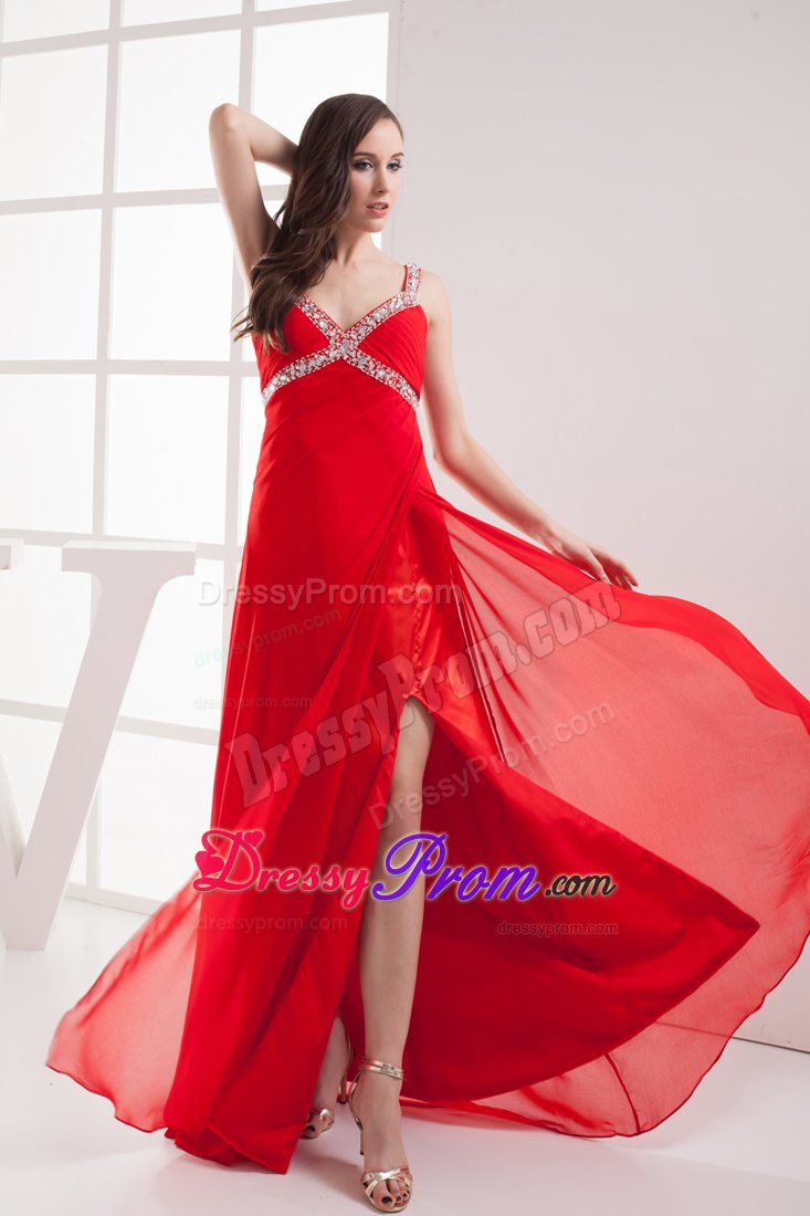 Outstanding Straps Beaded Slitted Red Senior Prom with Straps