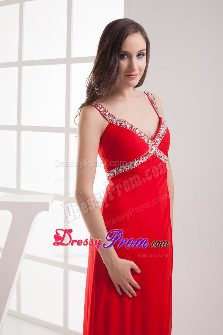 Outstanding Straps Beaded Slitted Red Senior Prom with Straps