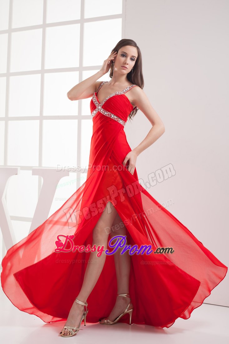 Outstanding Straps Beaded Slitted Red Senior Prom with Straps