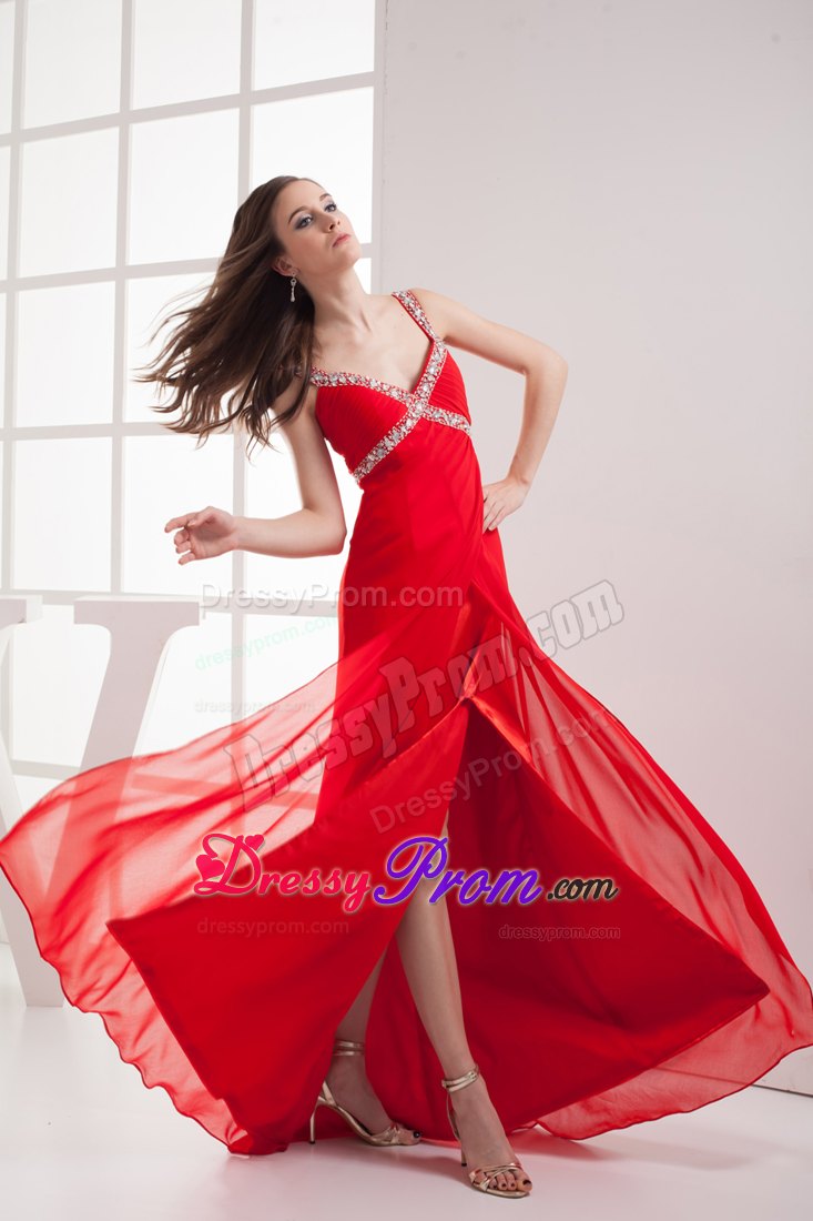 Outstanding Straps Beaded Slitted Red Senior Prom with Straps