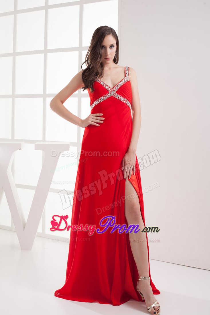 Outstanding Straps Beaded Slitted Red Senior Prom with Straps