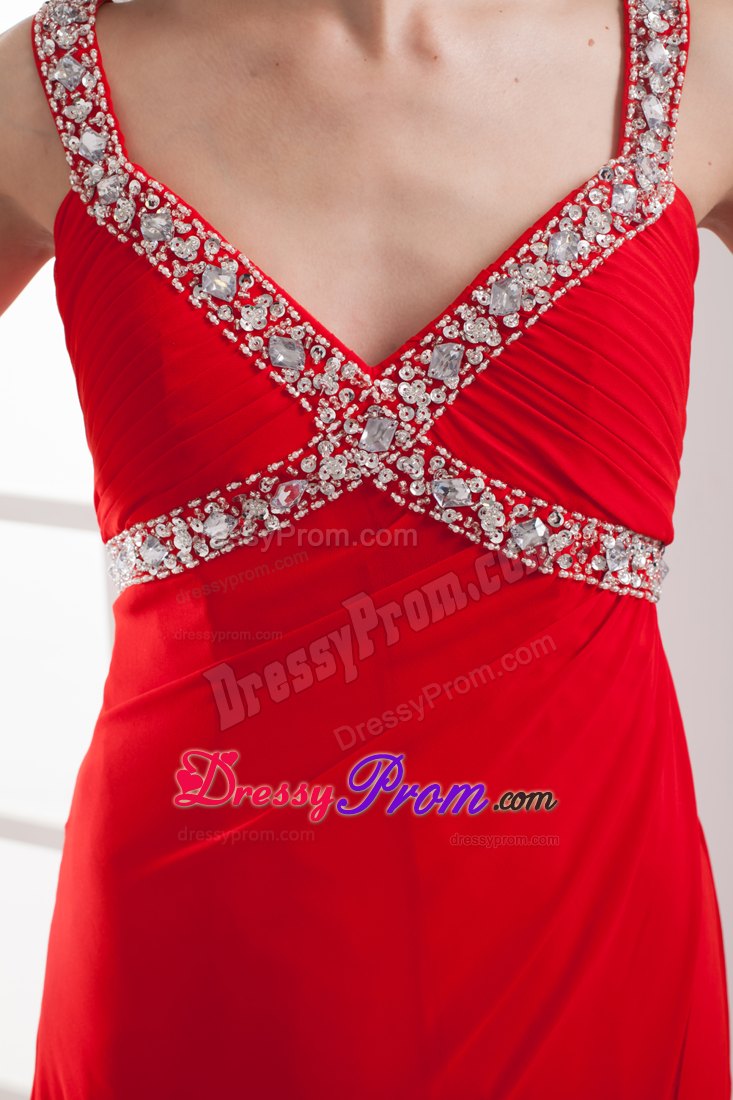 Outstanding Straps Beaded Slitted Red Senior Prom with Straps