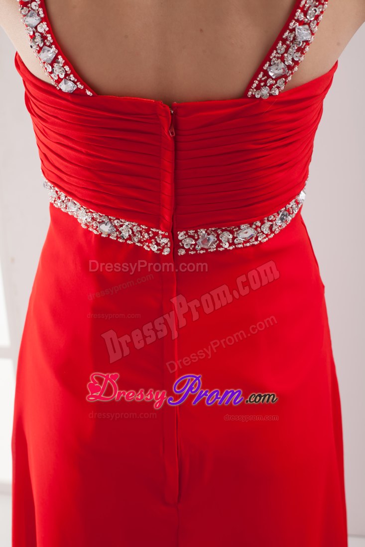 Outstanding Straps Beaded Slitted Red Senior Prom with Straps