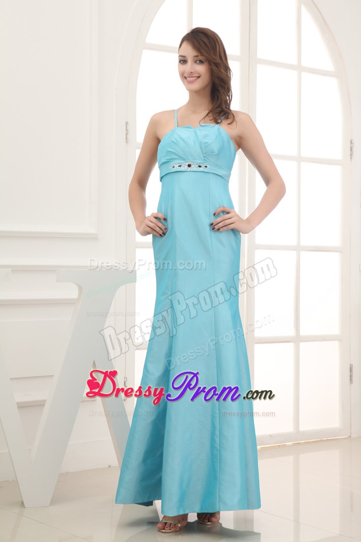 Spaghetti Straps Beading Ankle-length Prom Dress in Aqua Blue