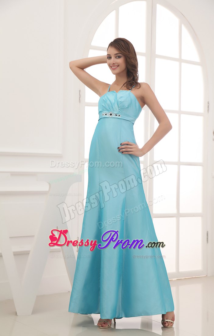 Spaghetti Straps Beading Ankle-length Prom Dress in Aqua Blue
