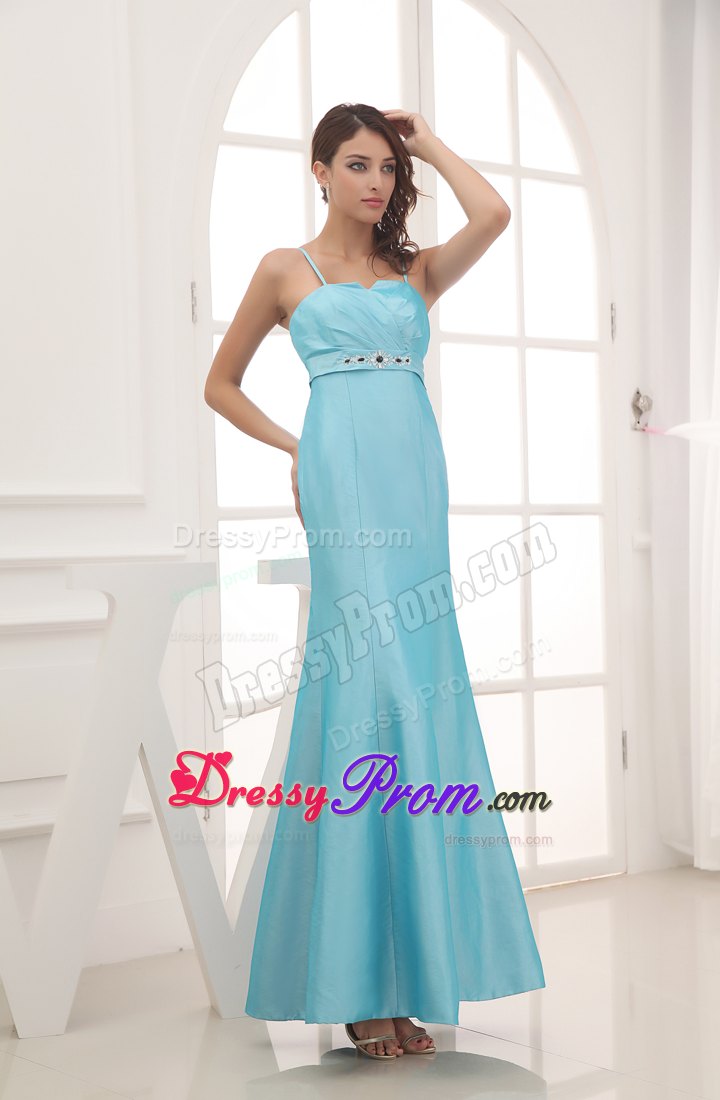 Spaghetti Straps Beading Ankle-length Prom Dress in Aqua Blue
