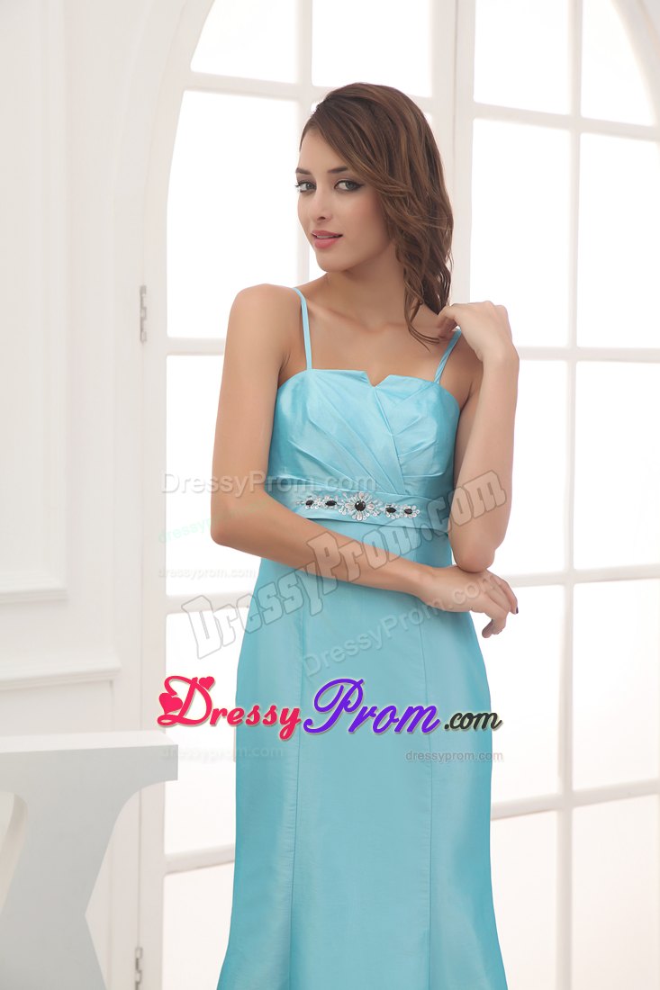 Spaghetti Straps Beading Ankle-length Prom Dress in Aqua Blue