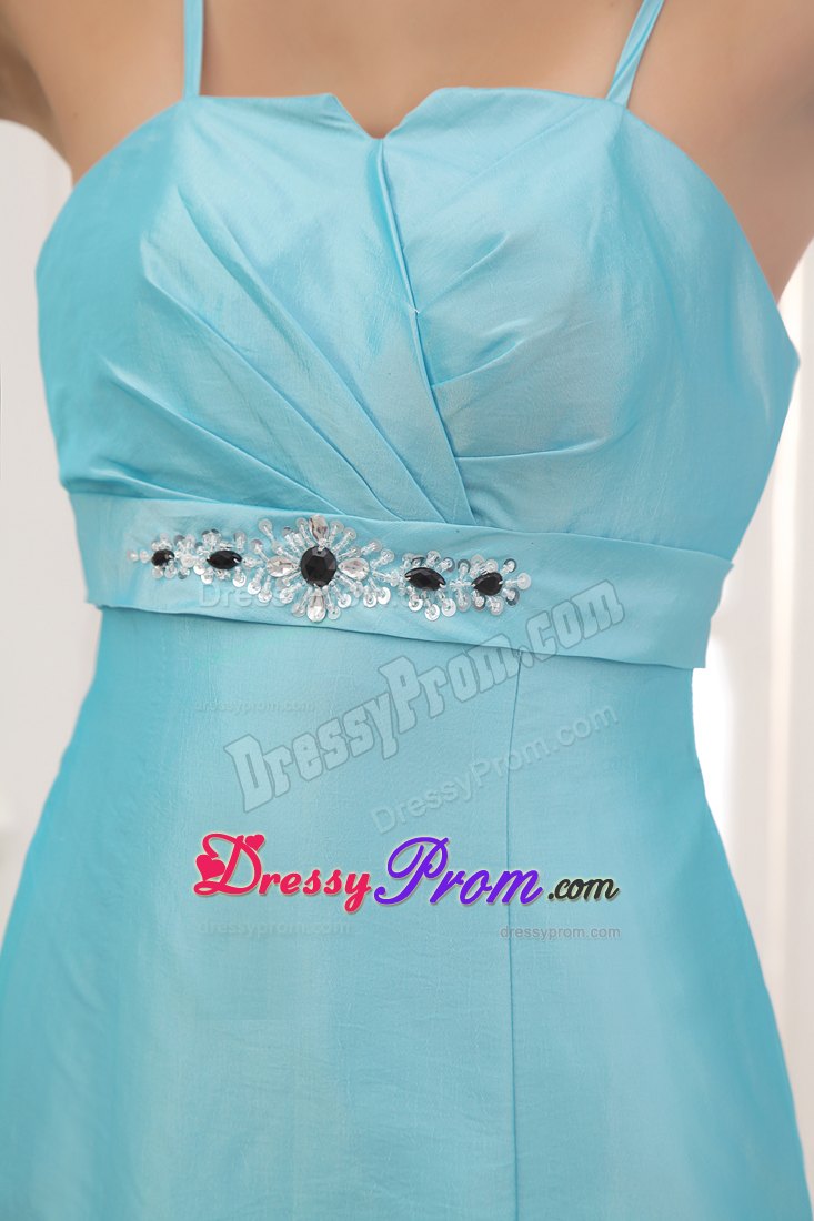 Spaghetti Straps Beading Ankle-length Prom Dress in Aqua Blue