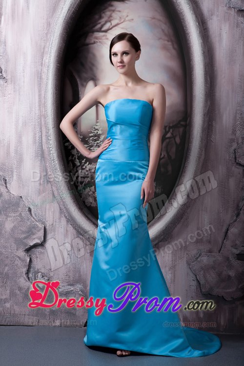 Simple Style Strapless Aqua Blue Brush Train Junior Prom Stores