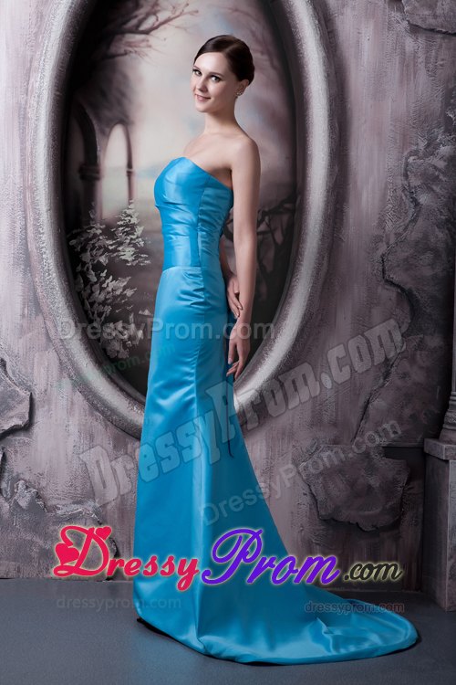 Simple Style Strapless Aqua Blue Brush Train Junior Prom Stores