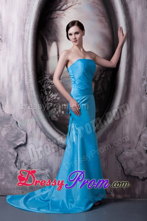 Simple Style Strapless Aqua Blue Brush Train Junior Prom Stores
