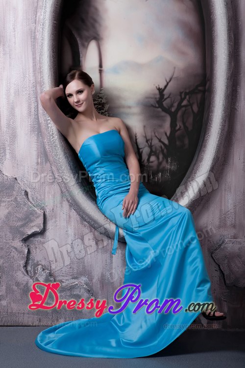 Simple Style Strapless Aqua Blue Brush Train Junior Prom Stores