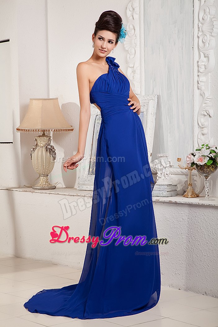 Elegant One Shoulder Royal Blue Beaded Slitted Prom Gown Dress