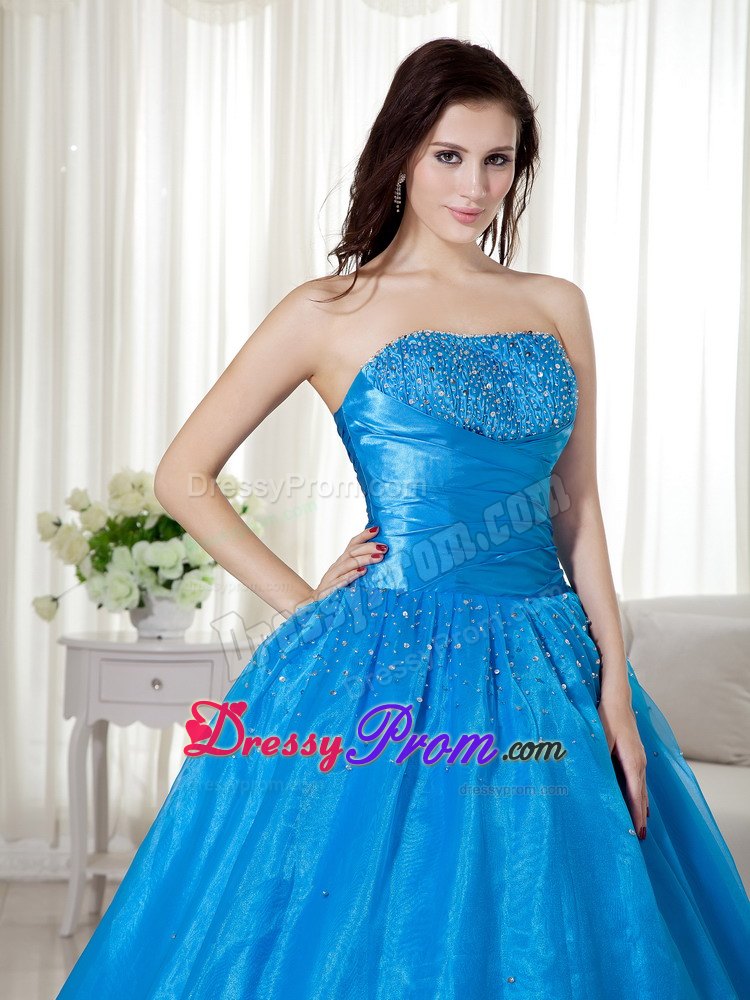 Blue Strapless Ball Gown Floor-length Quinceanera Dress with Beading