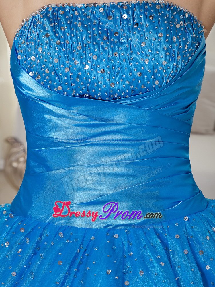 Blue Strapless Ball Gown Floor-length Quinceanera Dress with Beading