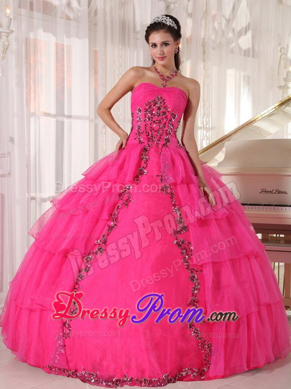 Sweetheart Hot Pink Ball Gown Quinceanera Dress with Organza and Paillette